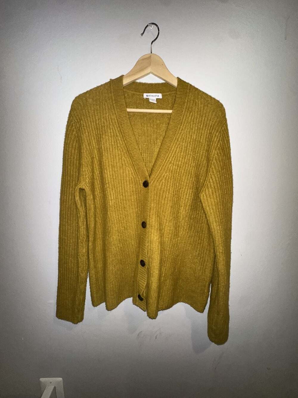Athleta Ribbed Cardigan Size L Mustard Yellow Merino Wool